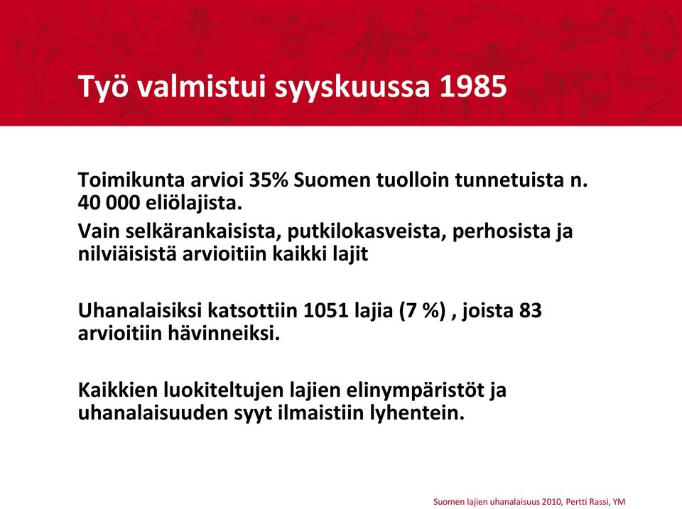 Vain selkärankaisista, putkilokasveista, perhosista ja nilviäisistä arvioitiin kaikki