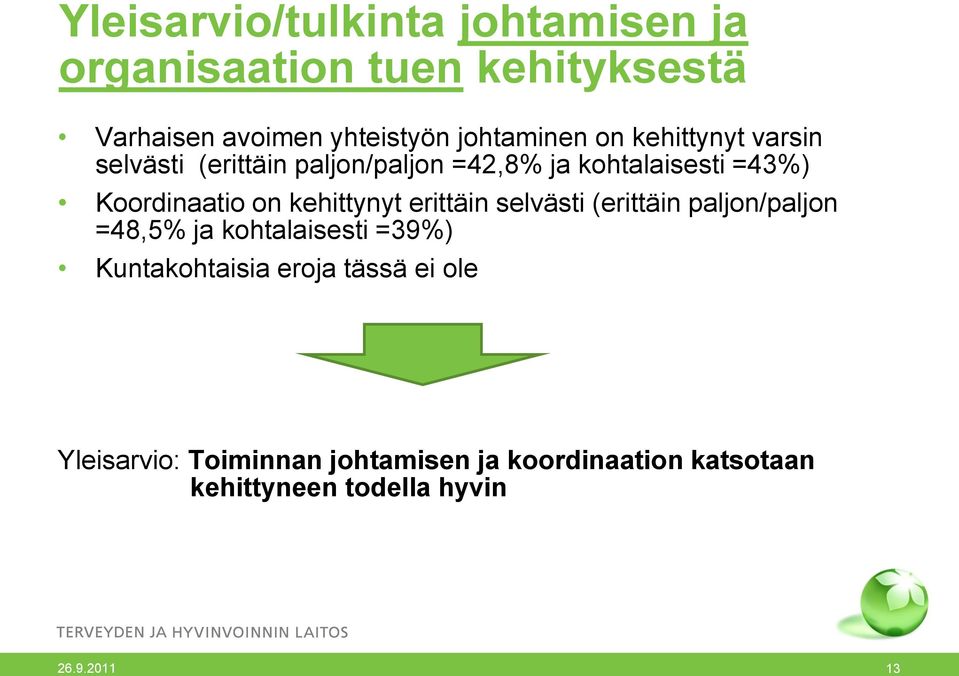 Koordinaatio on kehittynyt erittäin selvästi (erittäin paljon/paljon =48,5 ja kohtalaisesti =39)