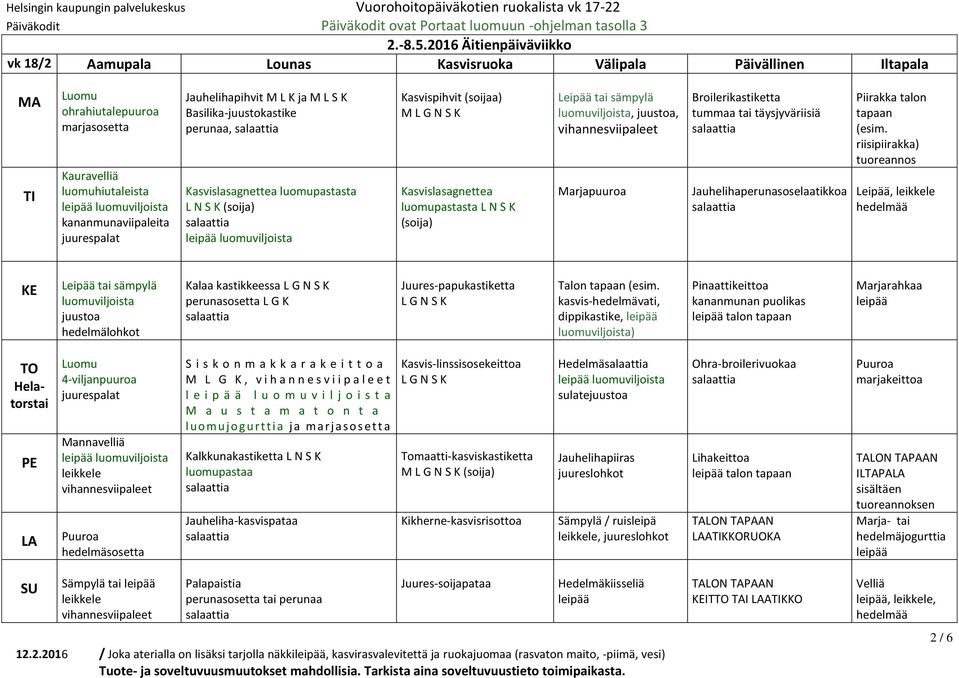 Kasvislasagnettea luomupastasta L N S K (soija) Kasvispihvit (soijaa) Kasvislasagnettea luomupastasta L N S K (soija) luomuviljoista,, Broilerikastiketta tummaa tai täysjyväriisiä