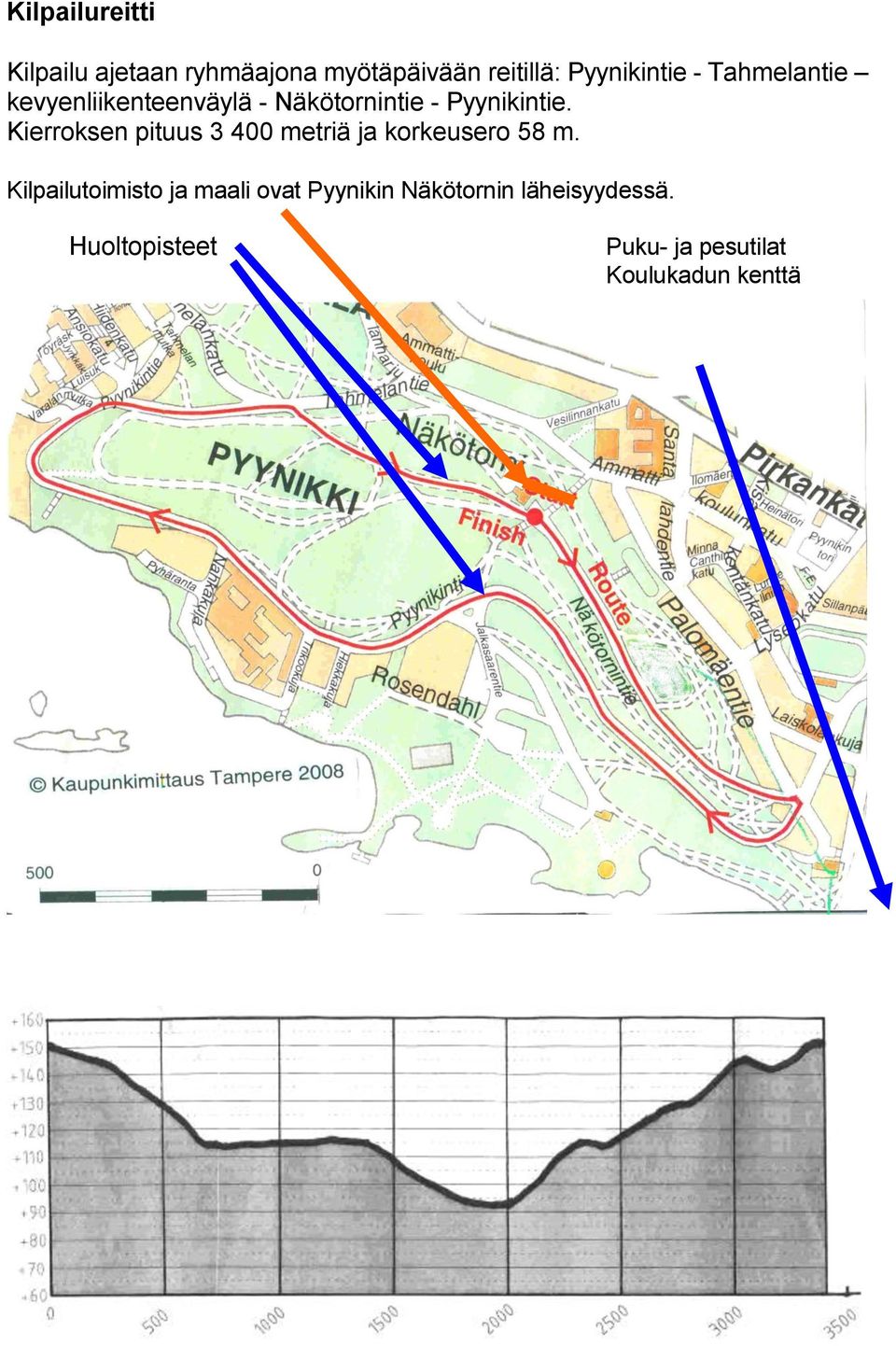 Kierroksen pituus 3 400 metriä ja korkeusero 58 m.