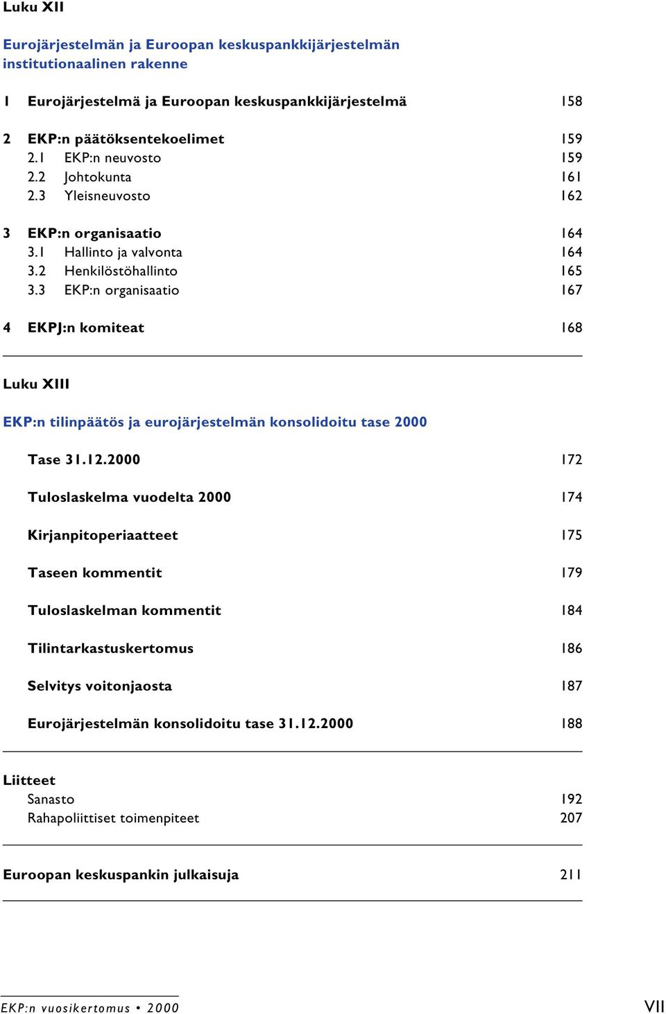 3 EKP:n organisaatio 167 4 EKPJ:n komiteat 168 Luku XIII EKP:n tilinpäätös ja eurojärjestelmän konsolidoitu tase 2000 Tase 31.12.