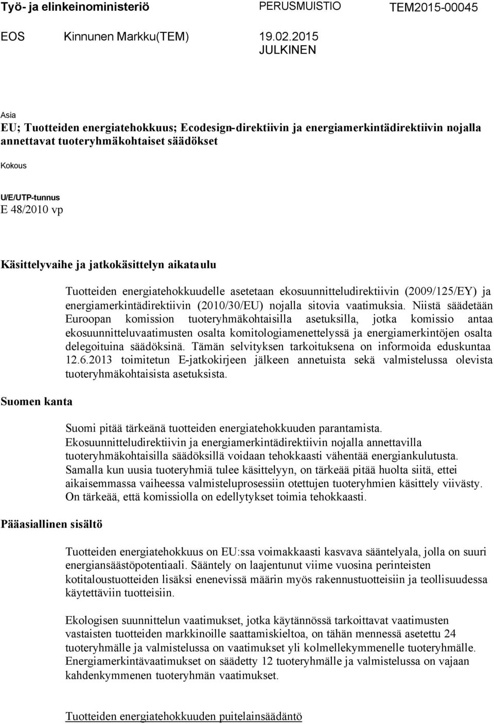 Käsittelyvaihe ja jatkokäsittelyn aikataulu Suomen kanta Pääasiallinen sisältö Tuotteiden energiatehokkuudelle asetetaan ekosuunnitteludirektiivin (2009/125/EY) ja energiamerkintädirektiivin