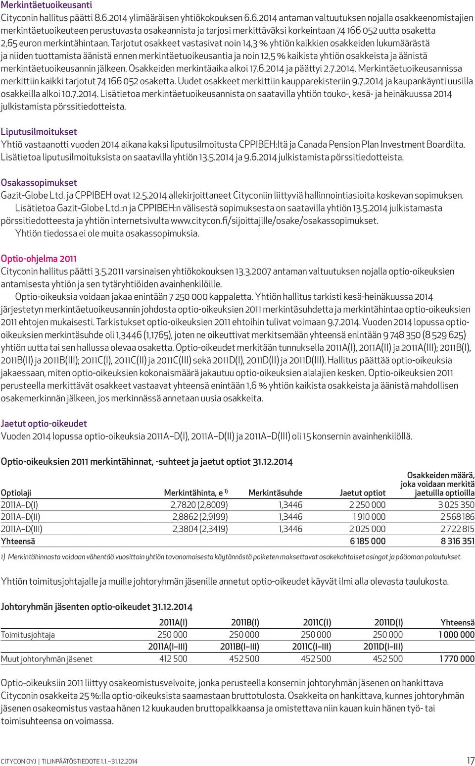 6.2014 antaman valtuutuksen nojalla osakkeenomistajien merkintäetuoikeuteen perustuvasta osakeannista ja tarjosi merkittäväksi korkeintaan 74 166 052 uutta osaketta 2,65 euron merkintähintaan.