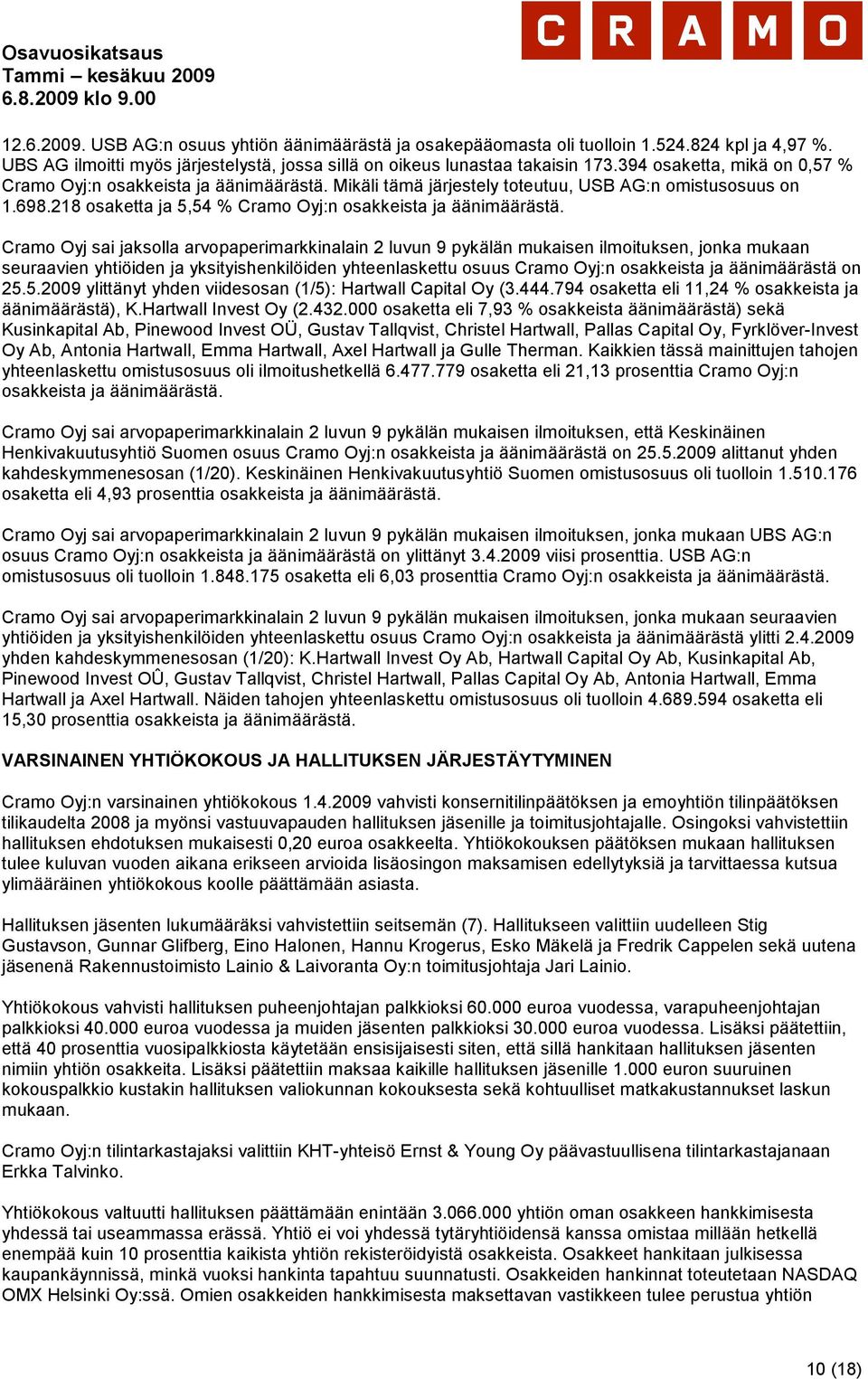 Cramo Oyj sai jaksolla arvopaperimarkkinalain 2 luvun 9 pykälän mukaisen ilmoituksen, jonka mukaan seuraavien yhtiöiden ja yksityishenkilöiden yhteenlaskettu osuus Cramo Oyj:n osakkeista ja