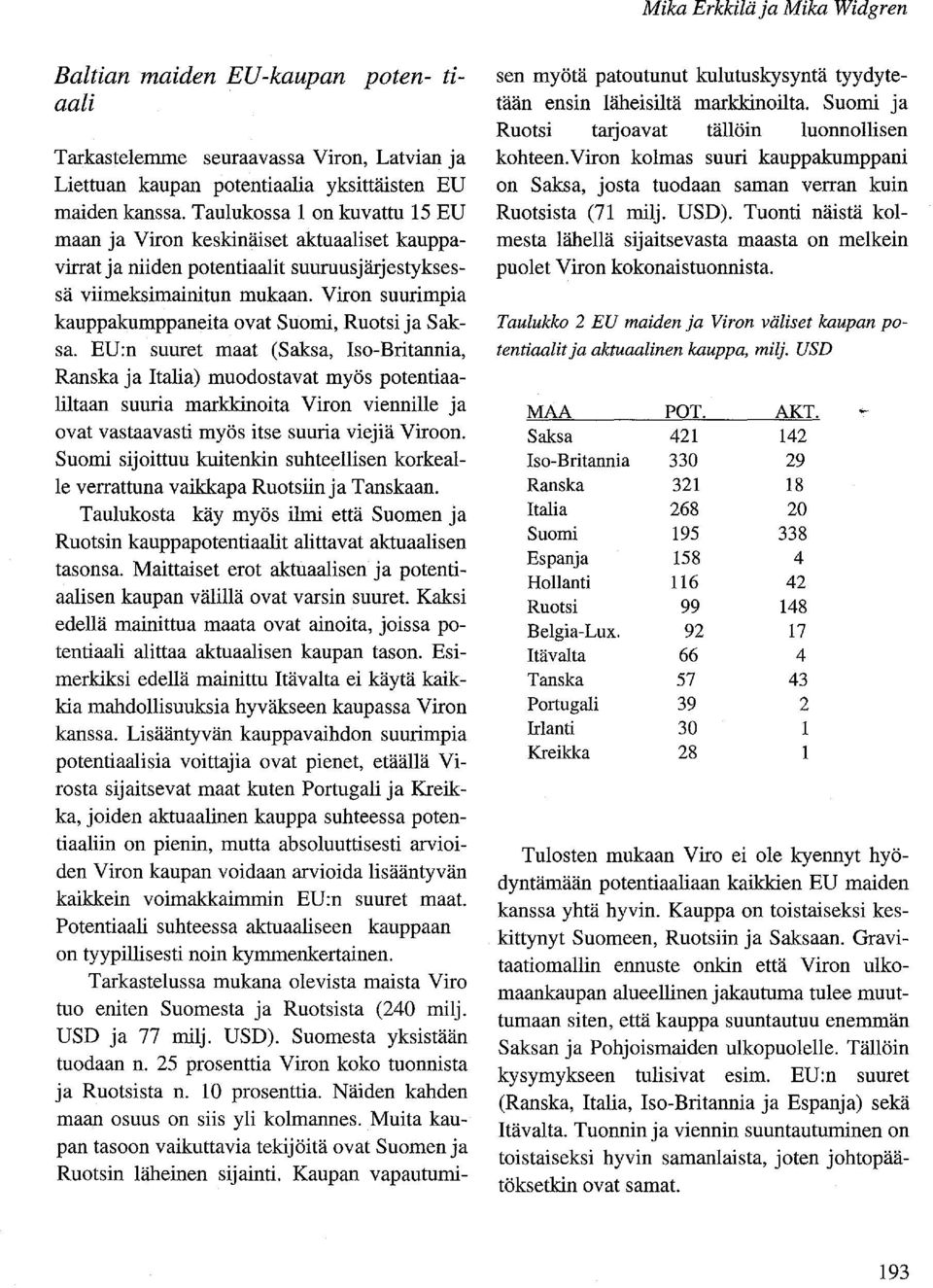 Viron suurimpia kauppakumppaneita ovat Suomi, Ruotsi ja Saksa.