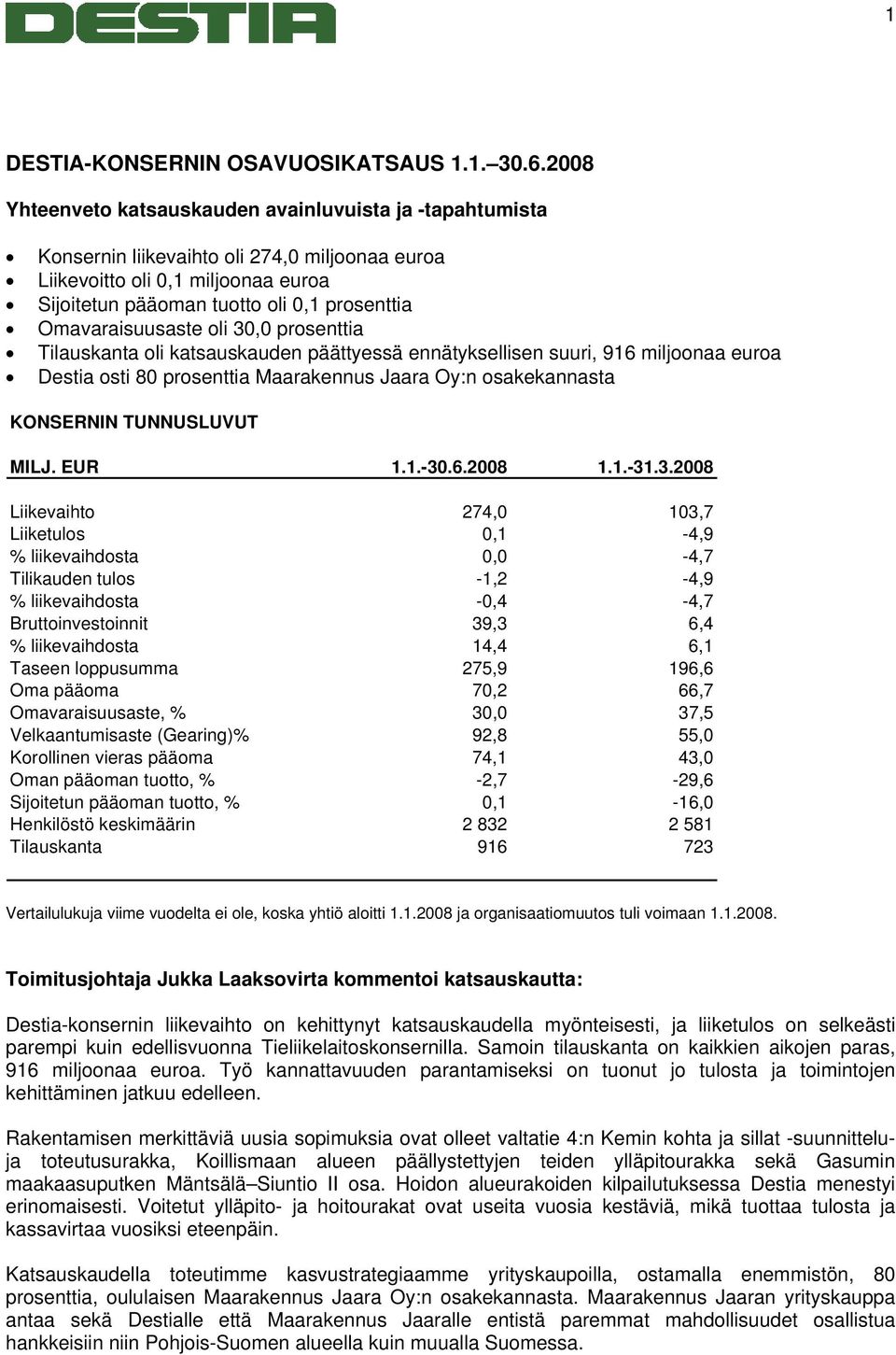 Omavaraisuusaste oli 30,0 prosenttia Tilauskanta oli katsauskauden päättyessä ennätyksellisen suuri, 916 miljoonaa euroa Destia osti 80 prosenttia Maarakennus Jaara Oy:n osakekannasta KONSERNIN