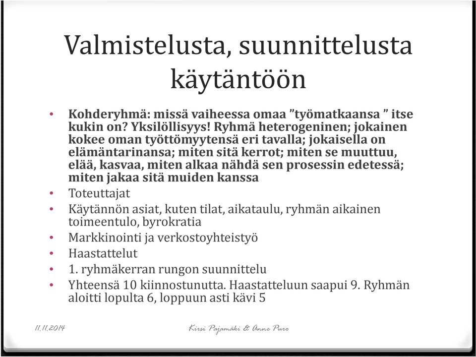 miten alkaa nähdä sen prosessin edetessä; miten jakaa sitä muiden kanssa Toteuttajat Käytännön asiat, kuten tilat, aikataulu, ryhmän aikainen