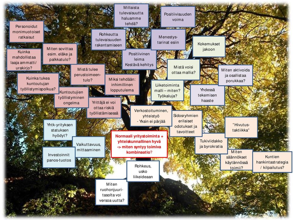 Investoinnit panos-tuotos Miten Vaikuttavuus, mittaaminen Rohkeutta tulevaisuuden rakentamiseen Yrittäjä ei voi ottaa riskiä työllistämisessä Miten ruohonjuuritasolta voi versoa uutta?