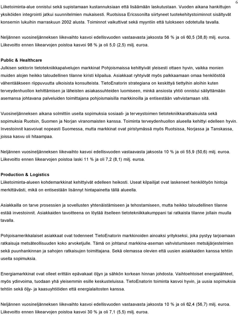 6 Neljännen vuosineljänneksen liikevaihto kasvoi edellisvuoden vastaavasta jaksosta 56 % ja oli 60,5 (38,8) milj. euroa. Liikevoitto ennen liikearvojen poistoa kasvoi 98 % ja oli 5,0 (2,5) milj.