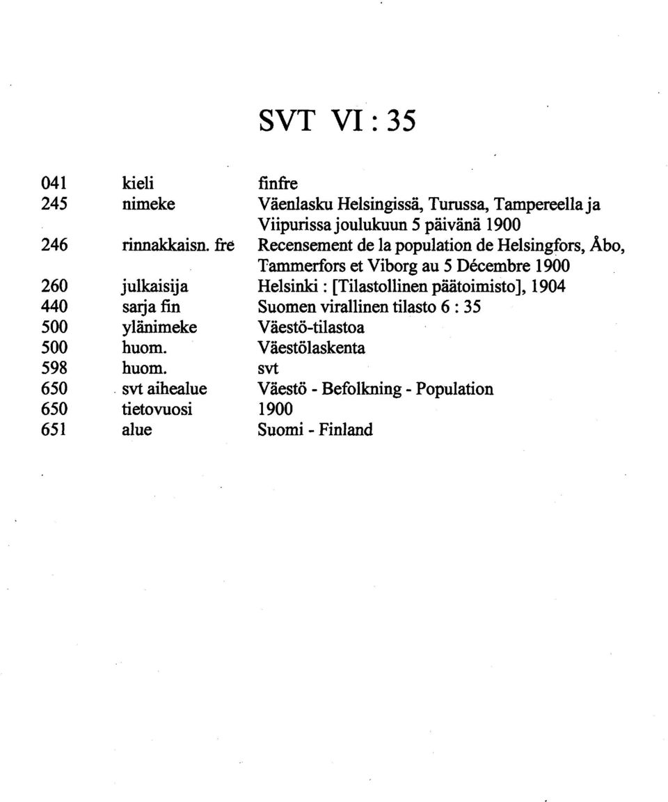 päivänä 00 Recensement de la population de Helsingfors, Åbo, Tammerfors et Viborg au Décembre 00 Helsinki :