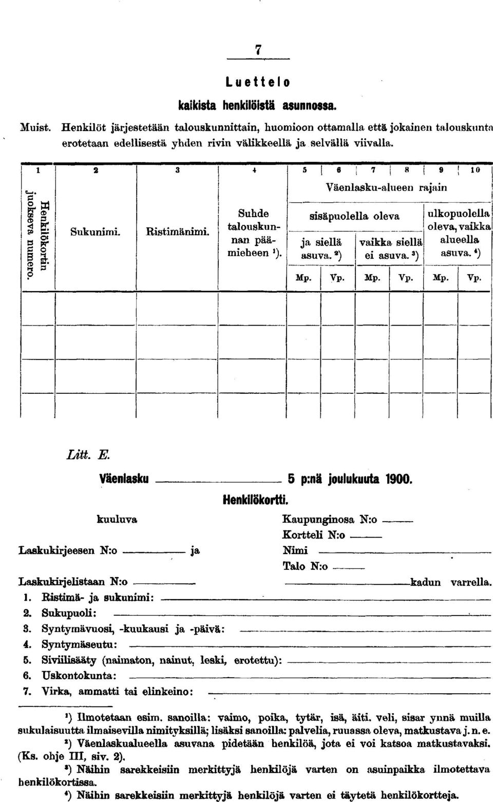 0 ulkopuolella oleva, vaikka alueella asuva. ) Vp. LiU. E. Väenlasku Henkilökortti. p:nä joulukuuta 00. kuuluva Kaupunginosa N:o Kortteli N:o. Laskukirjeesen N:o Nimi Talo N:o LaskuMrjelistaan N:o.