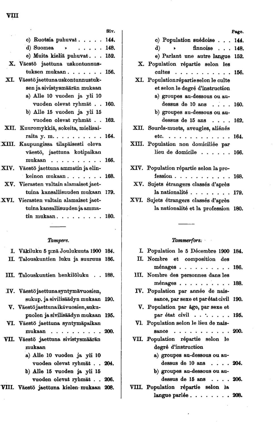 m. XIII. Kaupungissa tilapäisesti oleva väestö, jaettuna kotipaikan mukaan. XIV. Väestö jaettuna ammatin ja elinkeinon mukaan. XV. Vierasten valtain alamaiset jaettuina kansallisuuden mukaan. XVI.
