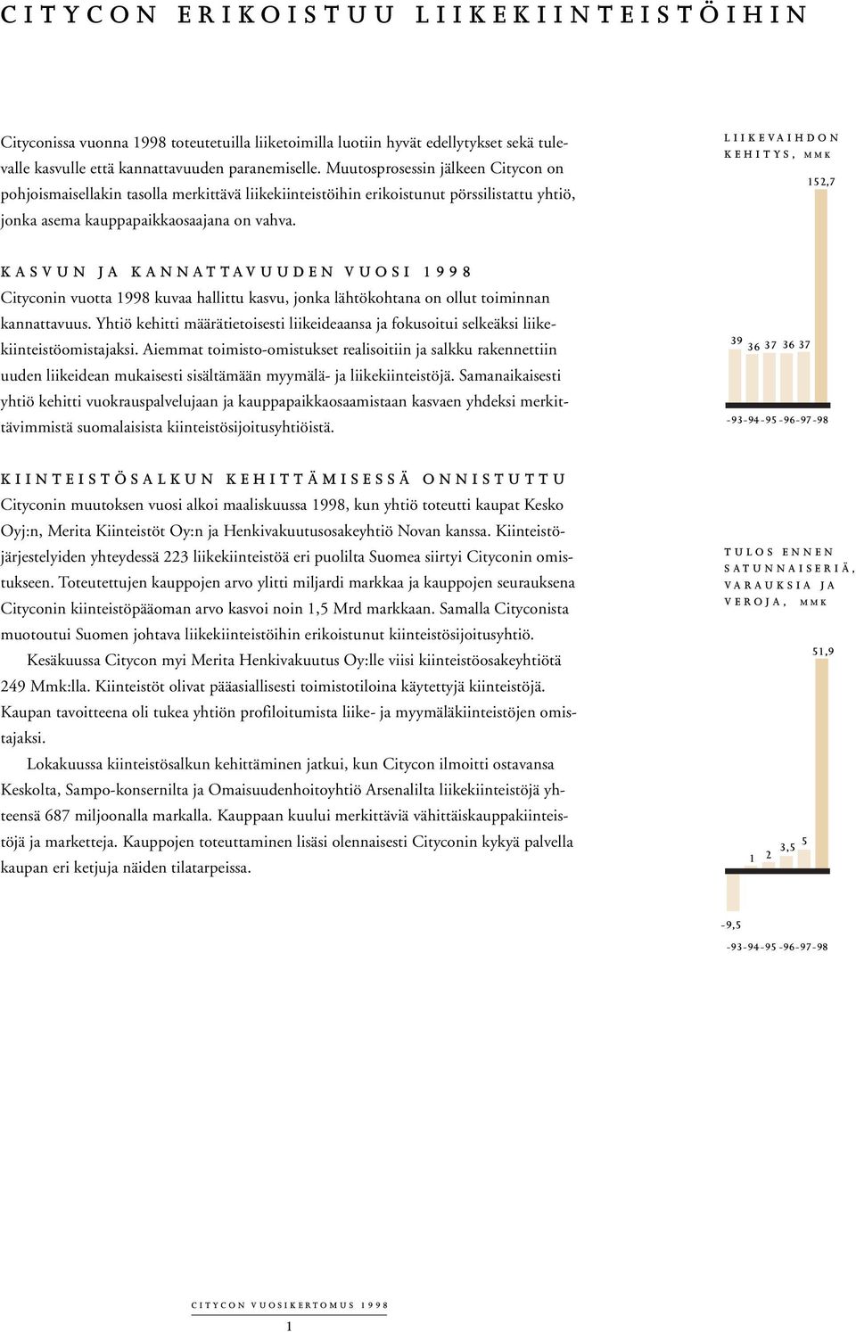 LIIKEVAIHDON KEHITYS, MMK 152,7 KASVUN JA KANNATTAVUUDEN VUOSI 1998 Cityconin vuotta 1998 kuvaa hallittu kasvu, jonka lähtökohtana on ollut toiminnan kannattavuus.