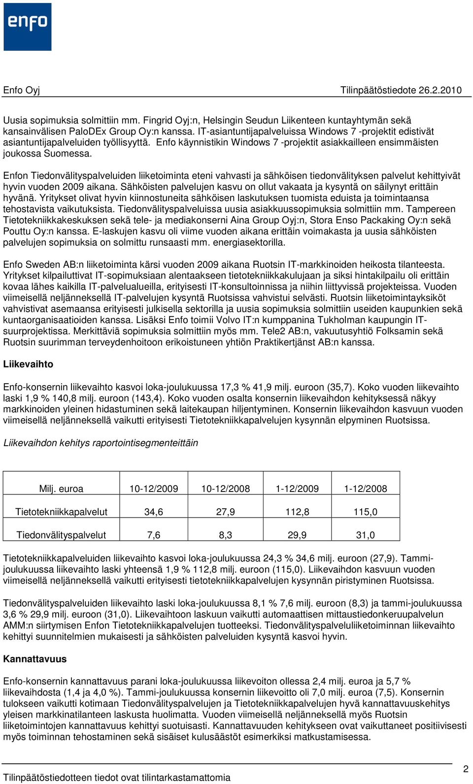 Enfon Tiedonvälityspalveluiden liiketoiminta eteni vahvasti ja sähköisen tiedonvälityksen palvelut kehittyivät hyvin vuoden 2009 aikana.