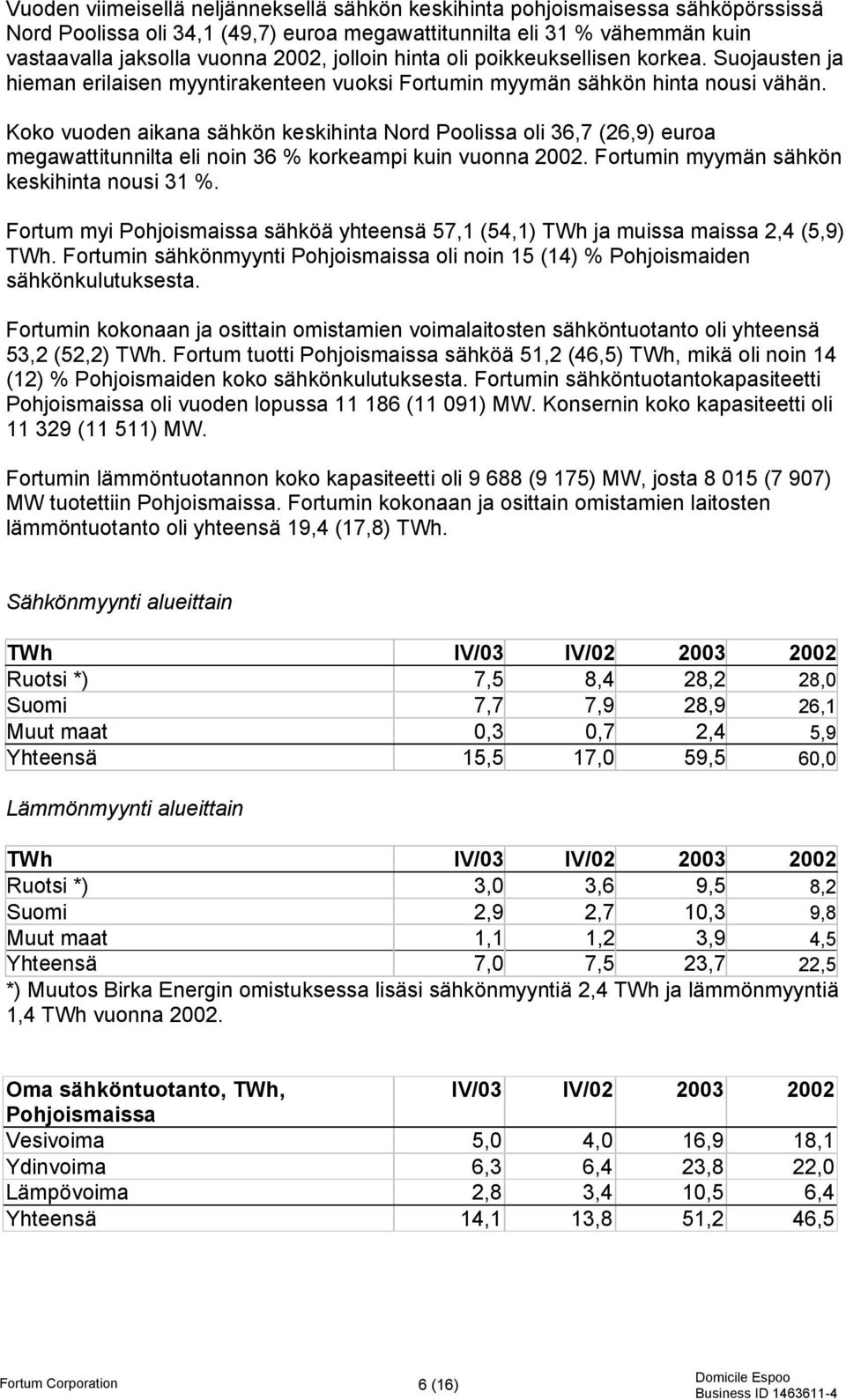 Koko vuoden aikana sähkön keskihinta Nord Poolissa oli 36,7 (26,9) euroa megawattitunnilta eli noin 36 % korkeampi kuin vuonna 2002. Fortumin myymän sähkön keskihinta nousi 31 %.