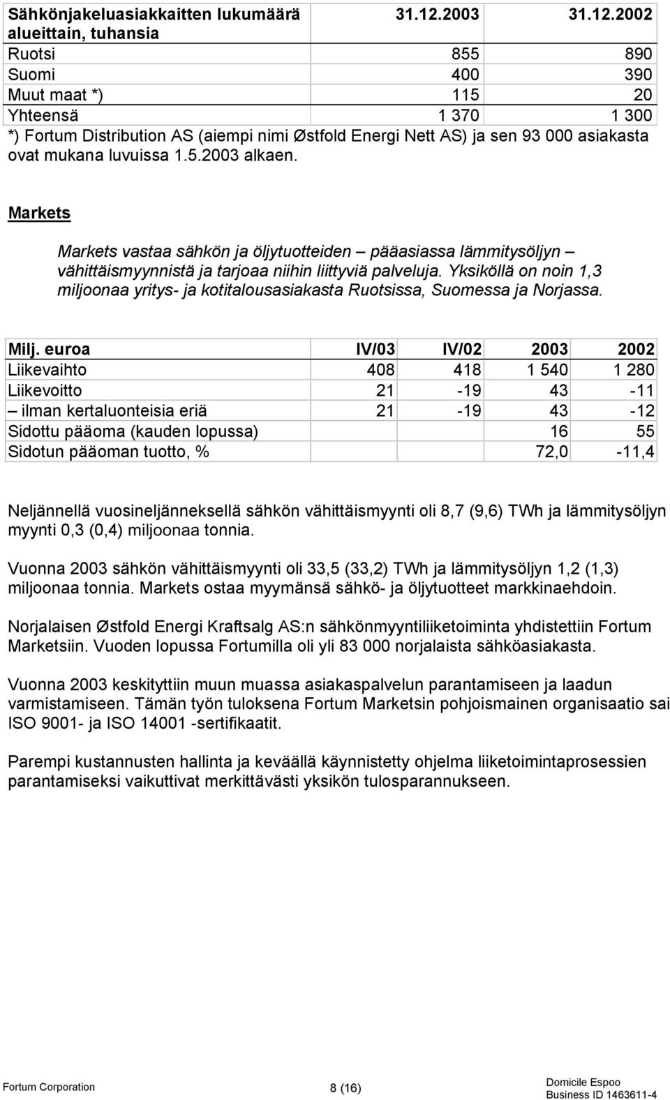 2002 alueittain, tuhansia Ruotsi 855 890 Suomi 400 390 Muut maat *) 115 20 Yhteensä 1 370 1 300 *) Fortum Distribution AS (aiempi nimi Østfold Energi Nett AS) ja sen 93 000 asiakasta ovat mukana