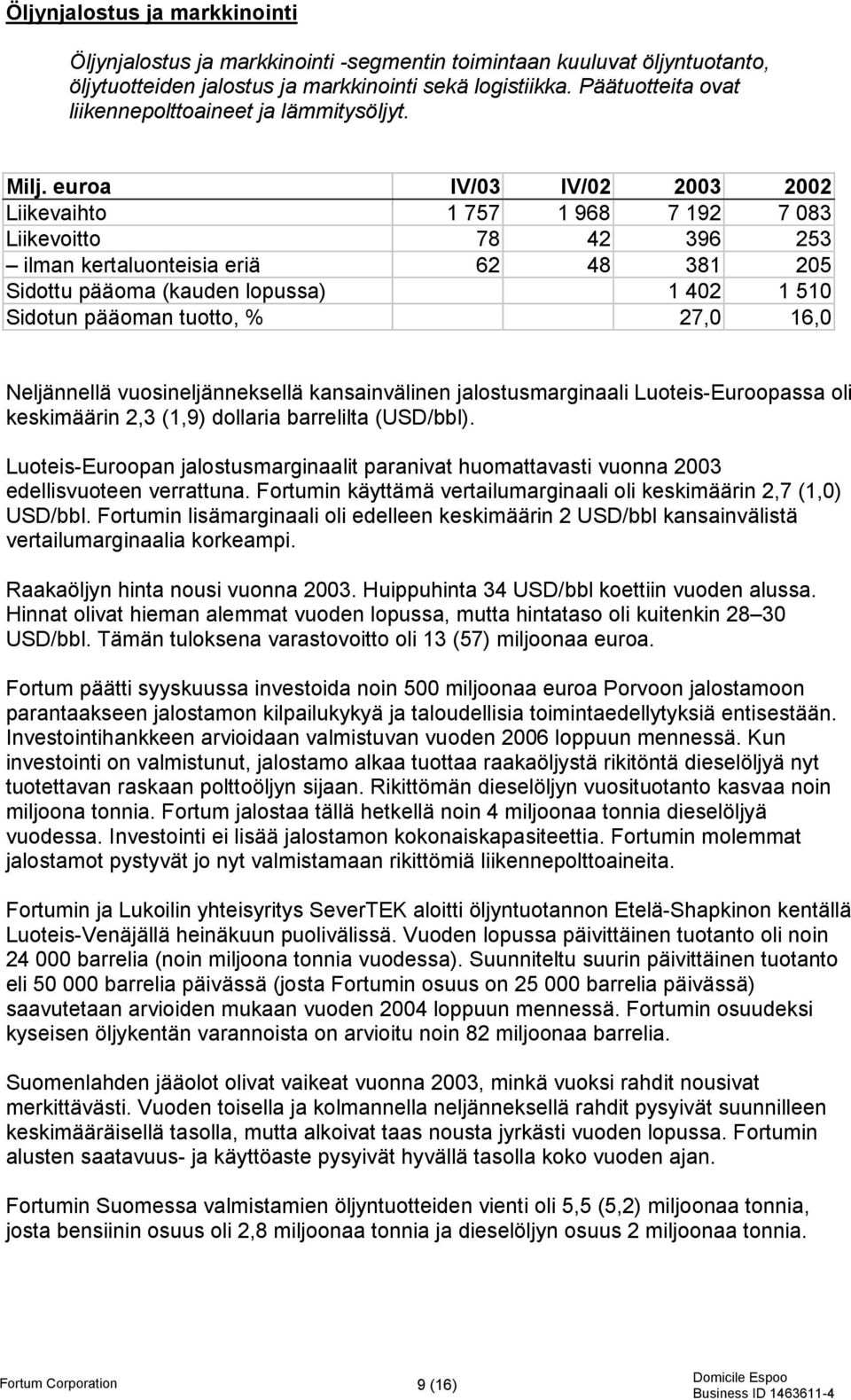 euroa IV/03 IV/02 2003 2002 Liikevaihto 1 757 1 968 7 192 7 083 Liikevoitto 78 42 396 253 ilman kertaluonteisia eriä 62 48 381 205 Sidottu pääoma (kauden lopussa) 1 402 1 510 Sidotun pääoman tuotto,