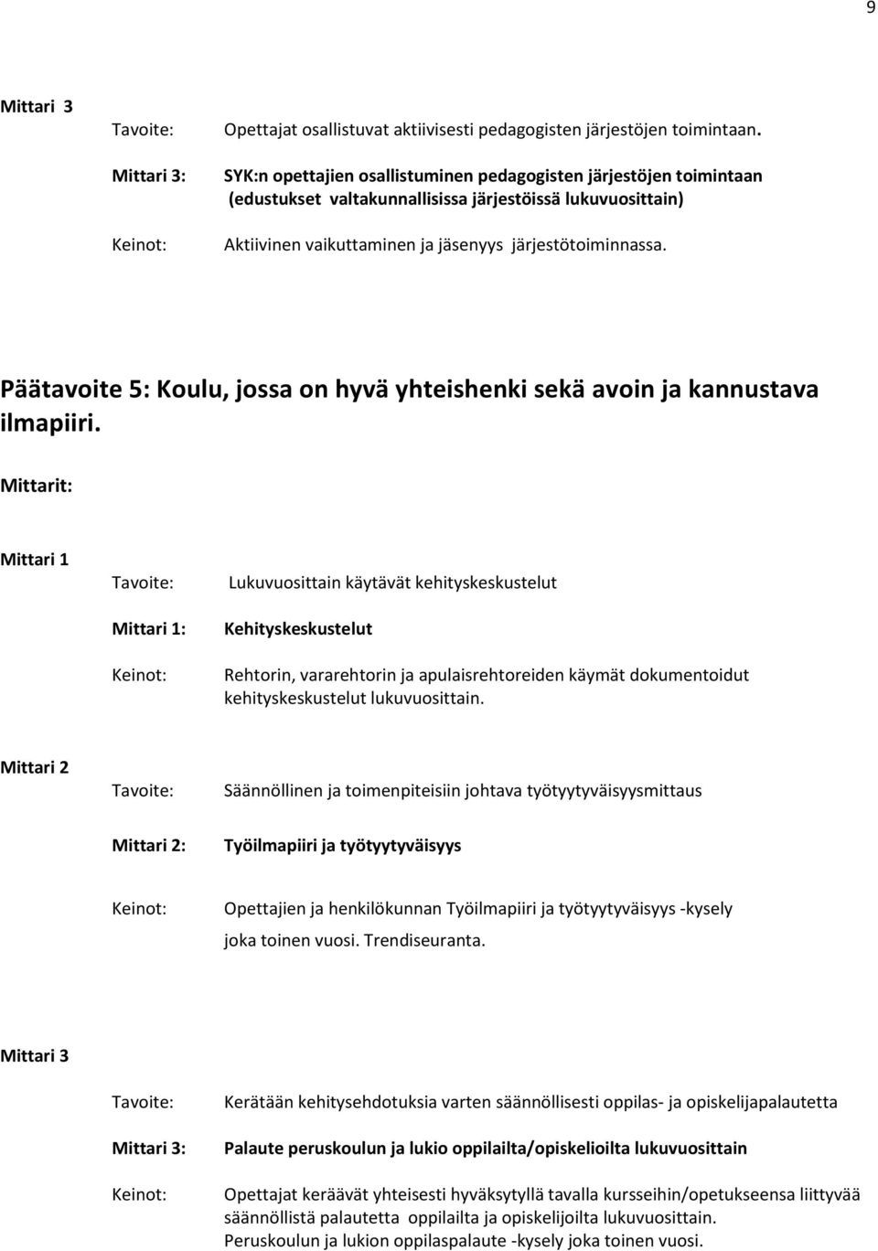 Päätavoite 5: Koulu, jossa on hyvä yhteishenki sekä avoin ja kannustava ilmapiiri.