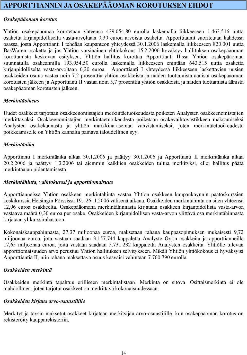 001 uutta BasWaren osaketta ja jos Yhtiön varsinainen yhtiökokous 15.2.