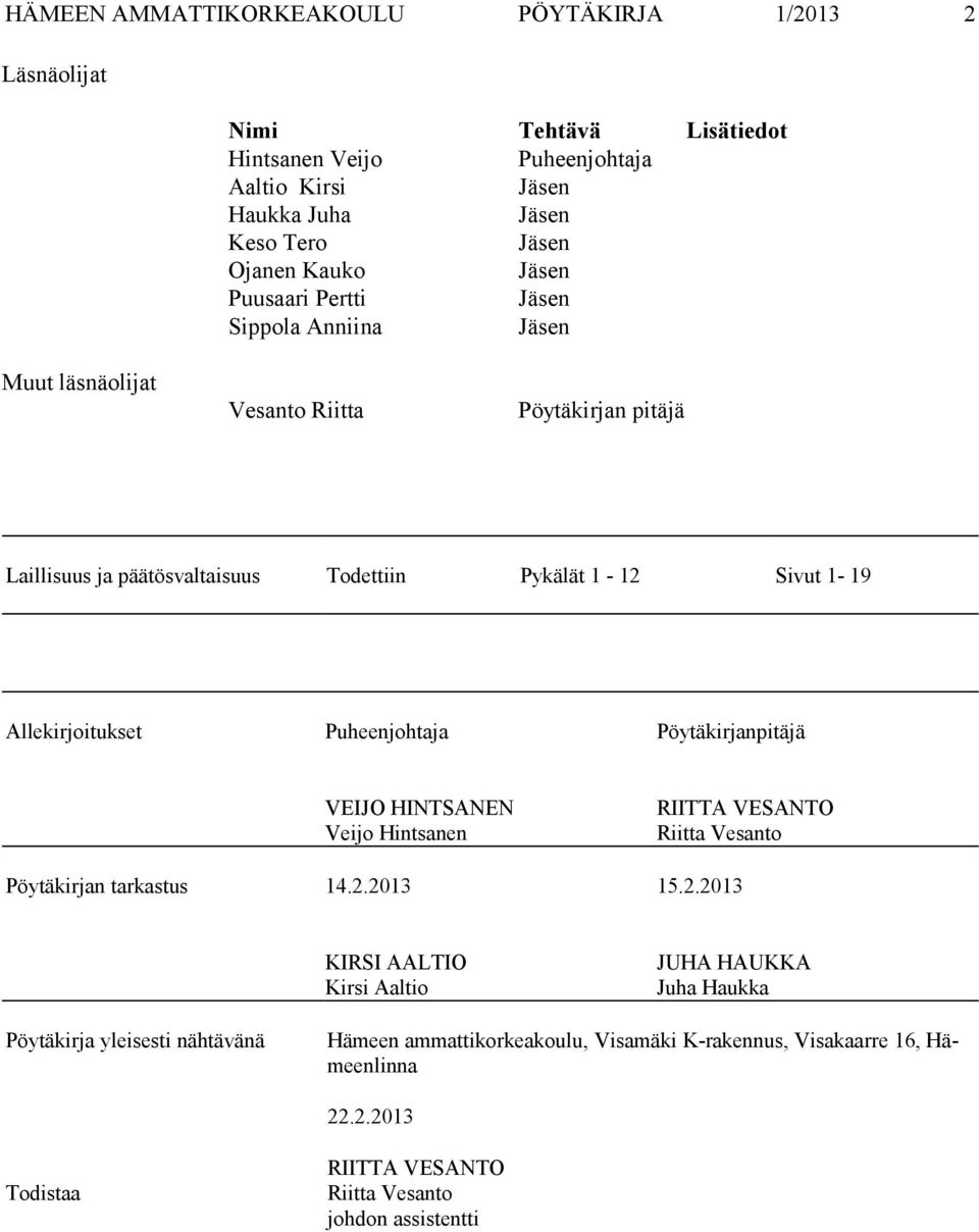 Allekirjoitukset Puheenjohtaja Pöytäkirjanpitäjä VEIJO HINTSANEN Veijo Hintsanen RIITTA VESANTO Riitta Vesanto Pöytäkirjan tarkastus 14.2.