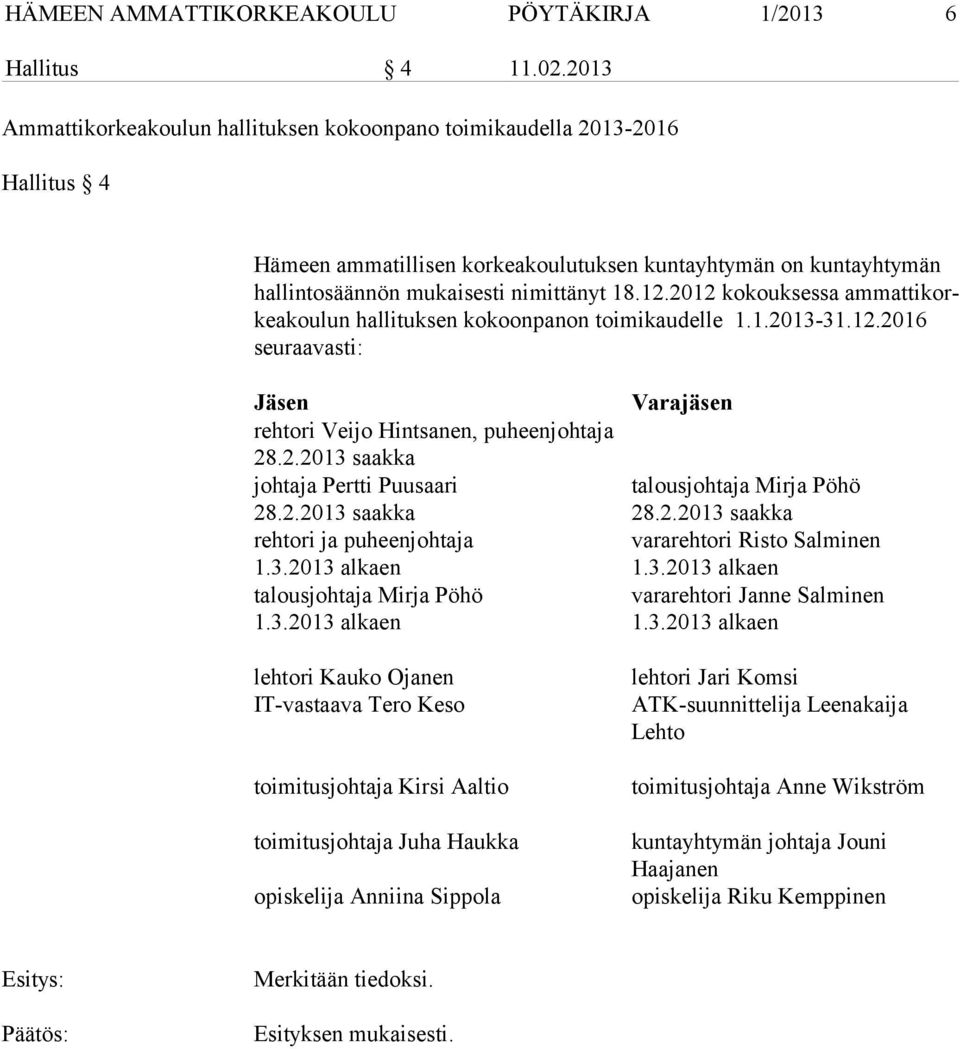 2012 kokouksessa am mat ti korkea kou lun hallituksen kokoonpanon toimikaudelle 1.1.2013-31.12.2016 seu raa vas ti: Jäsen Varajäsen rehtori Veijo Hintsanen, puheenjohtaja 28.2.2013 saakka johtaja Pertti Puusaari talousjohtaja Mirja Pöhö 28.