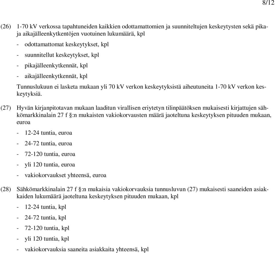 (27) Hyvän kirjanpitotavan mukaan laaditun virallisen eriytetyn tilinpäätöksen mukaisesti kirjattujen sähkömarkkinalain 27 f :n mukaisten vakiokorvausten määrä jaoteltuna keskeytyksen pituuden