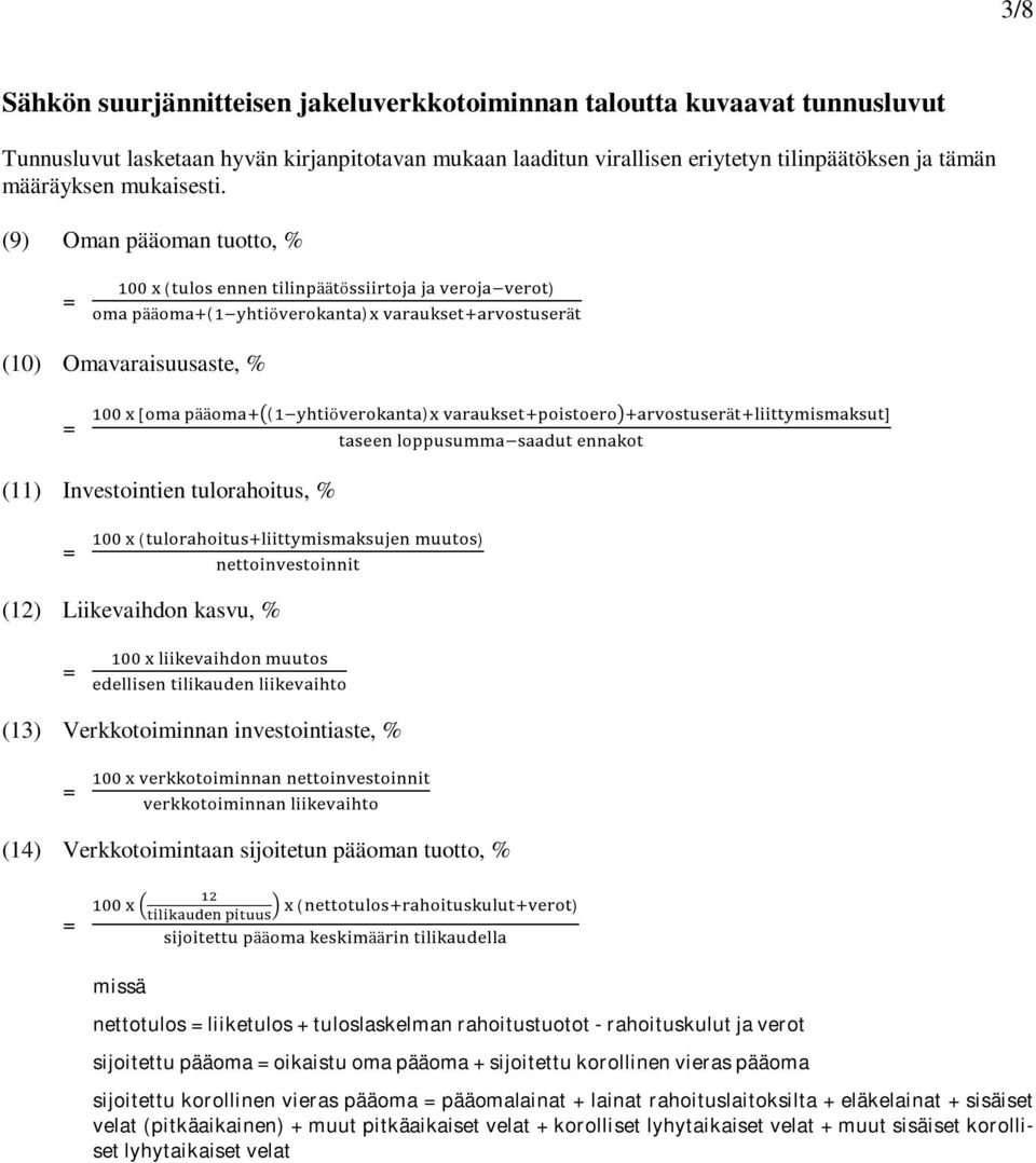 (9) Oman pääoman tuotto, % ( ää ö ) ää ( ö ) ä (10) Omavaraisuusaste, % [ ää ( ö ) ä ] (11) Investointien tulorahoitus, % ( ) (12) Liikevaihdon kasvu, % (13) Verkkotoiminnan investointiaste, % (14)