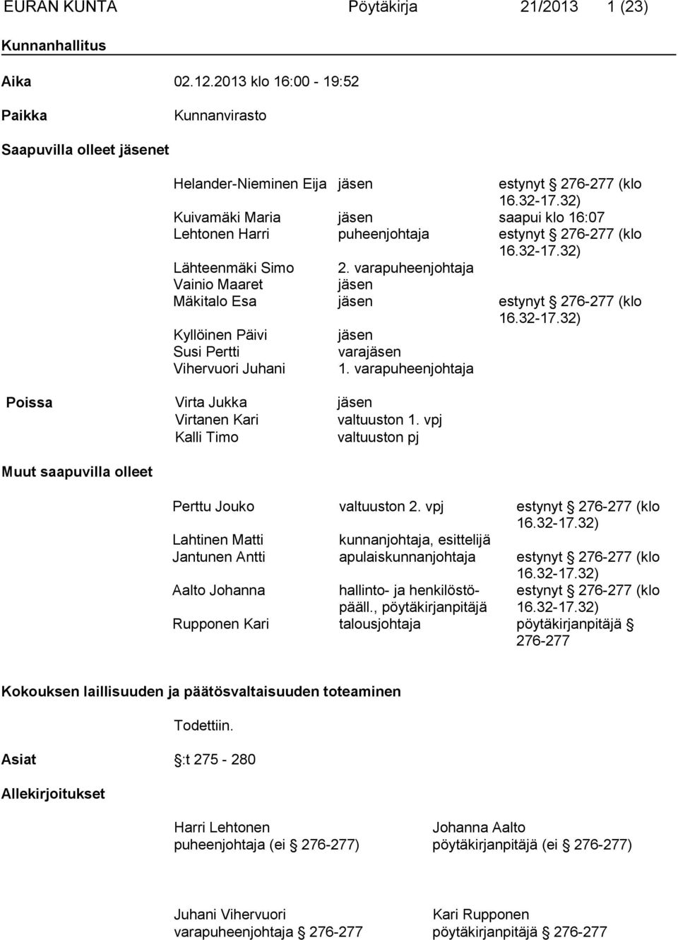 varapuheenjohtaja Vainio Maaret jäsen Mäkitalo Esa jäsen estynyt 276-277 (klo 16.32-17.32) Kyllöinen Päivi jäsen Susi Pertti varajäsen Vihervuori Juhani 1.