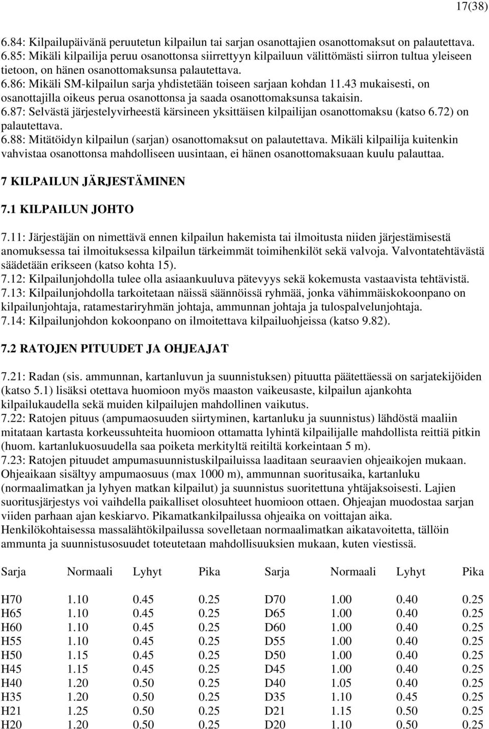 87: Selvästä järjestelyvirheestä kärsineen yksittäisen kilpailijan osanottomaksu (katso 6.72) on palautettava. 6.88: Mitätöidyn kilpailun (sarjan) osanottomaksut on palautettava.