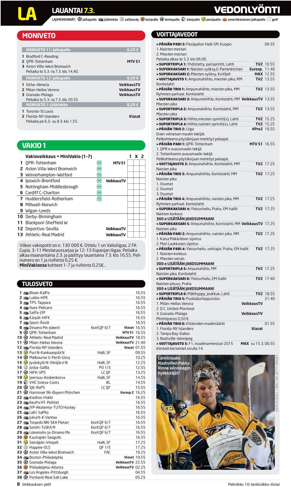 West Bromwich Peliaika to 5.3. la 7.3. klo 14.40. ONIVETO 12: Jalkapallo 0,20 1 Elche Almeria VeikkausTV 2 ilan Hellas Verona VeikkausTV 3 Granada alaga VeikkausTV Peliaika to 5.3. la 7.3. klo 20.55.