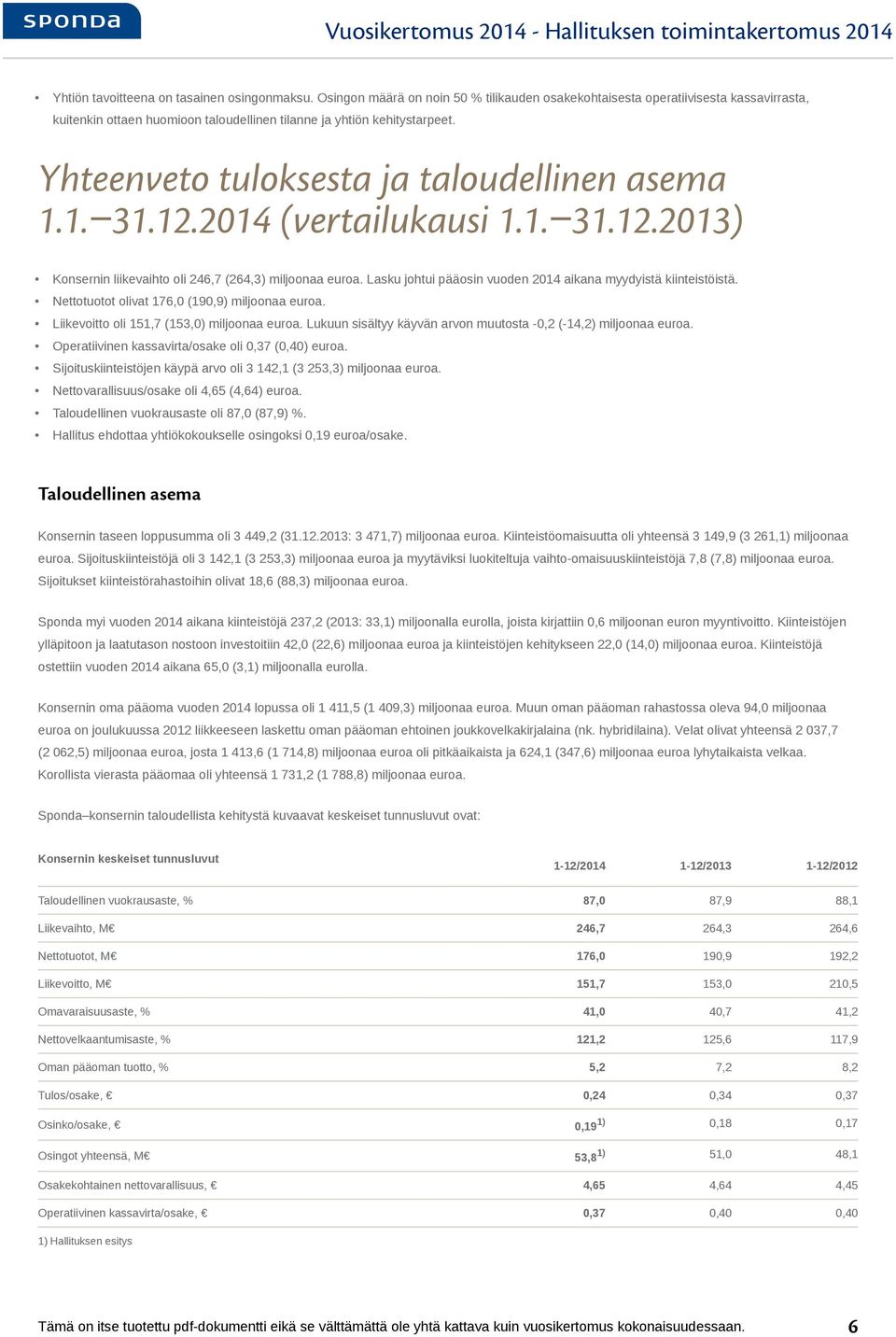 Yhteenveto tuloksesta ja taloudellinen asema 1.1. 31.12.2014 (vertailukausi 1.1. 31.12.2013) Konsernin liikevaihto oli 246,7 (264,3) miljoonaa euroa.