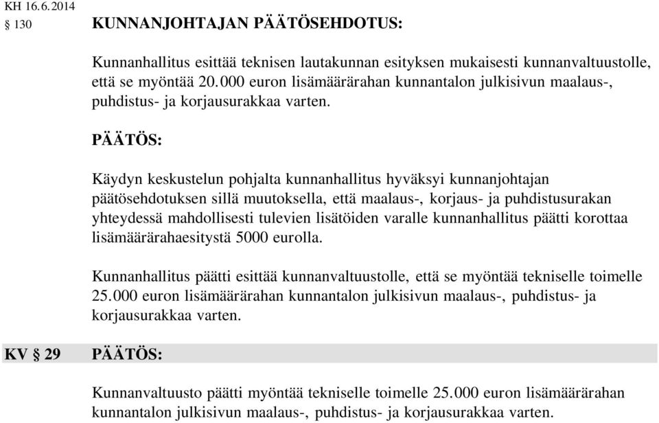 Käydyn keskustelun pohjalta kunnanhallitus hyväksyi kunnanjohtajan päätösehdotuksen sillä muutoksella, että maalaus-, korjaus- ja puhdistusurakan yhteydessä mahdollisesti tulevien lisätöiden varalle