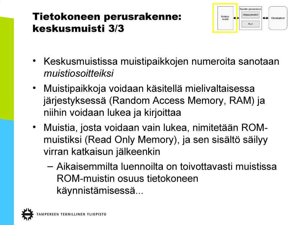 ja kirjoittaa Muistia, josta voidaan vain lukea, nimitetään ROMmuistiksi (Read Only Memory), ja sen sisältö säilyy