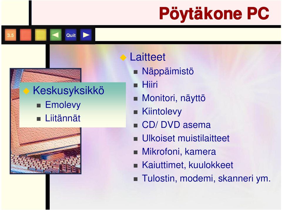 Näppäimistö Hiiri Monitori, näyttö Kiintolevy CD/ DVD