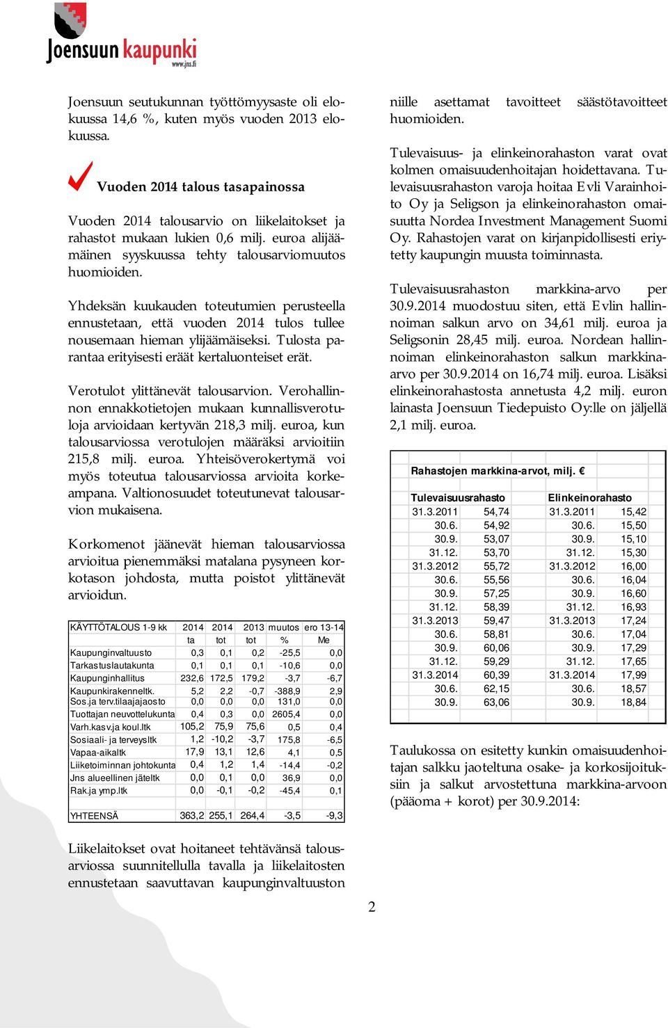 Yhdeksän kuukauden toteutumien perusteella ennustetaan, että vuoden 2014 tulos tullee nousemaan hieman ylijäämäiseksi. Tulosta parantaa erityisesti eräät kertaluonteiset erät.