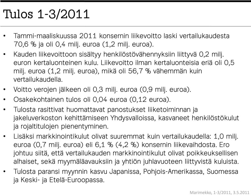 euroa), mikä oli 56,7 % vähemmän kuin vertailukaudella. Voitto verojen jälkeen oli 0,3 milj. euroa (0,9 milj. euroa). Osakekohtainen tulos oli 0,04 euroa (0,12 euroa).