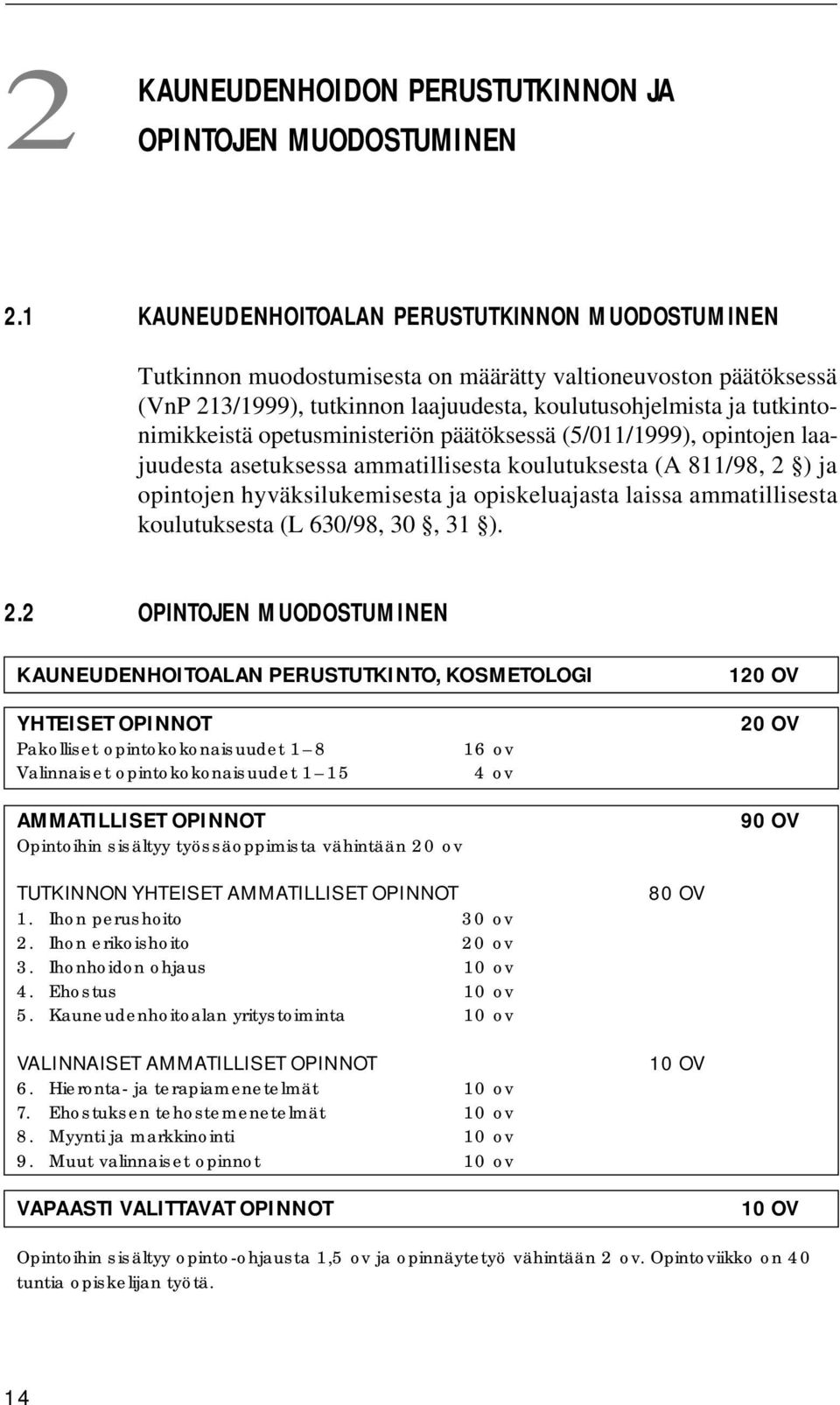 opetusministeriön päätöksessä (5/011/1999), opintojen laajuudesta asetuksessa ammatillisesta koulutuksesta (A 811/98, 2 ) ja opintojen hyväksilukemisesta ja opiskeluajasta laissa ammatillisesta