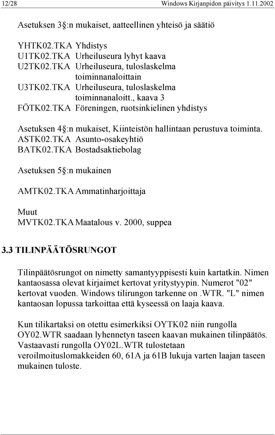 TKA Föreningen, ruotsinkielinen yhdistys Asetuksen 4 :n mukaiset, Kiinteistön hallintaan perustuva toiminta. ASTK02.TKA Asunto-osakeyhtiö BATK02.TKA Bostadsaktiebolag Asetuksen 5 :n mukainen AMTK02.