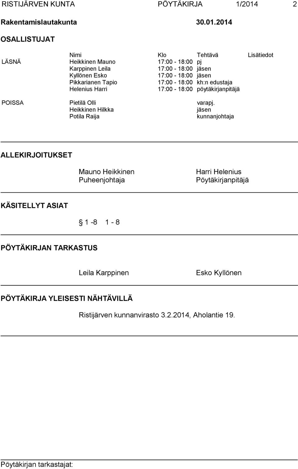 2014 OSALLISTUJAT Nimi Klo Tehtävä Lisätiedot LÄSNÄ Heikkinen Mauno 17:00-18:00 pj Karppinen Leila 17:00-18:00 jäsen Kyllönen Esko 17:00-18:00 jäsen