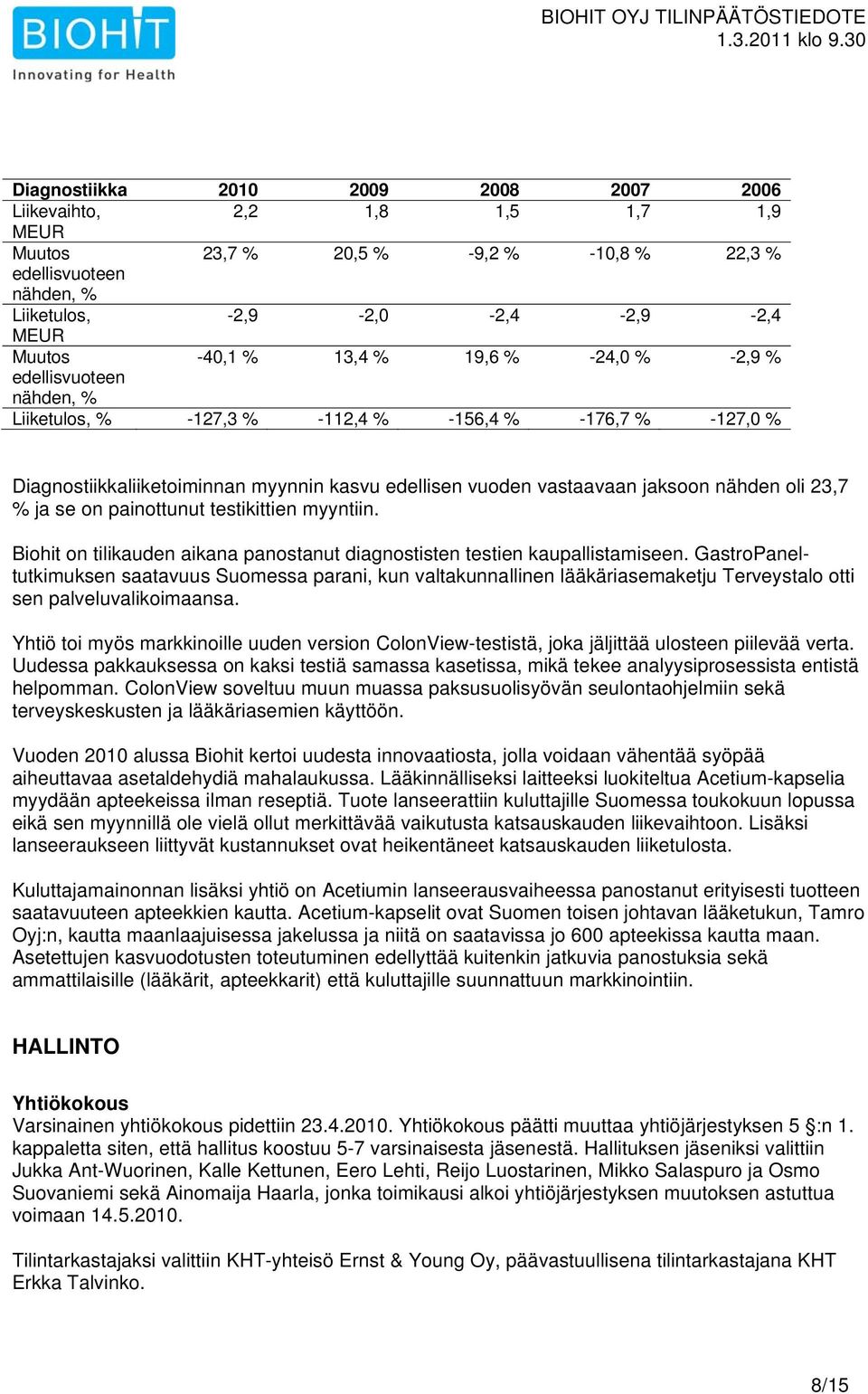 painottunut testikittien myyntiin. Biohit on tilikauden aikana panostanut diagnostisten testien kaupallistamiseen.