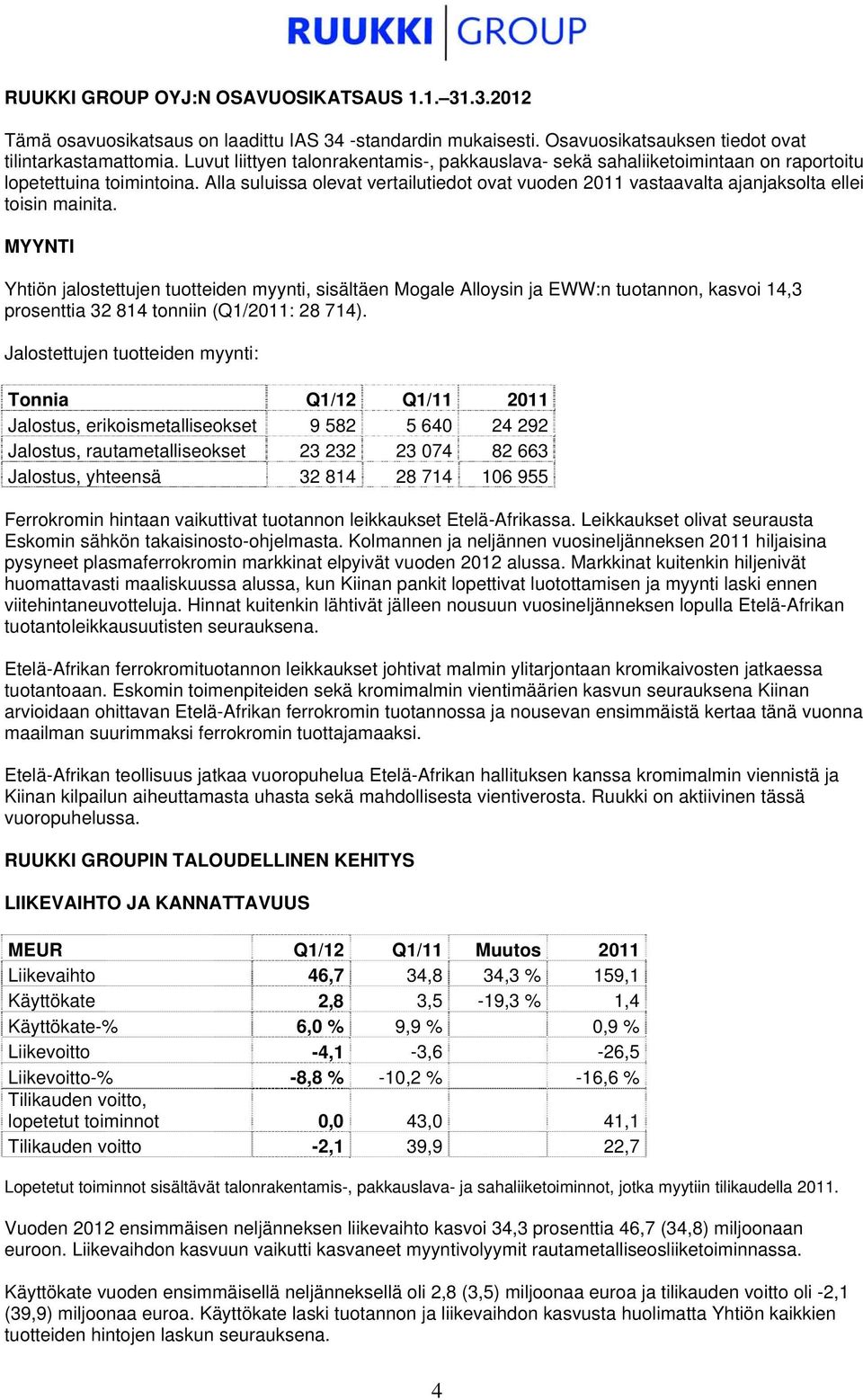 Alla suluissa olevat vertailutiedot ovat vuoden 2011 vastaavalta ajanjaksolta ellei toisin mainita.