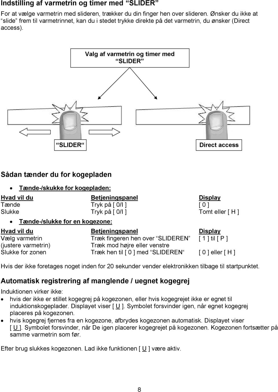 Valg af varmetrin og timer med SLIDER SLIDER Direct access Sådan tænder du for kogepladen Tænde-/skukke for kogepladen: Hvad vil du Betjeningspanel Display Tænde Tryk på [ 0/I ] [ 0 ] Slukke Tryk på