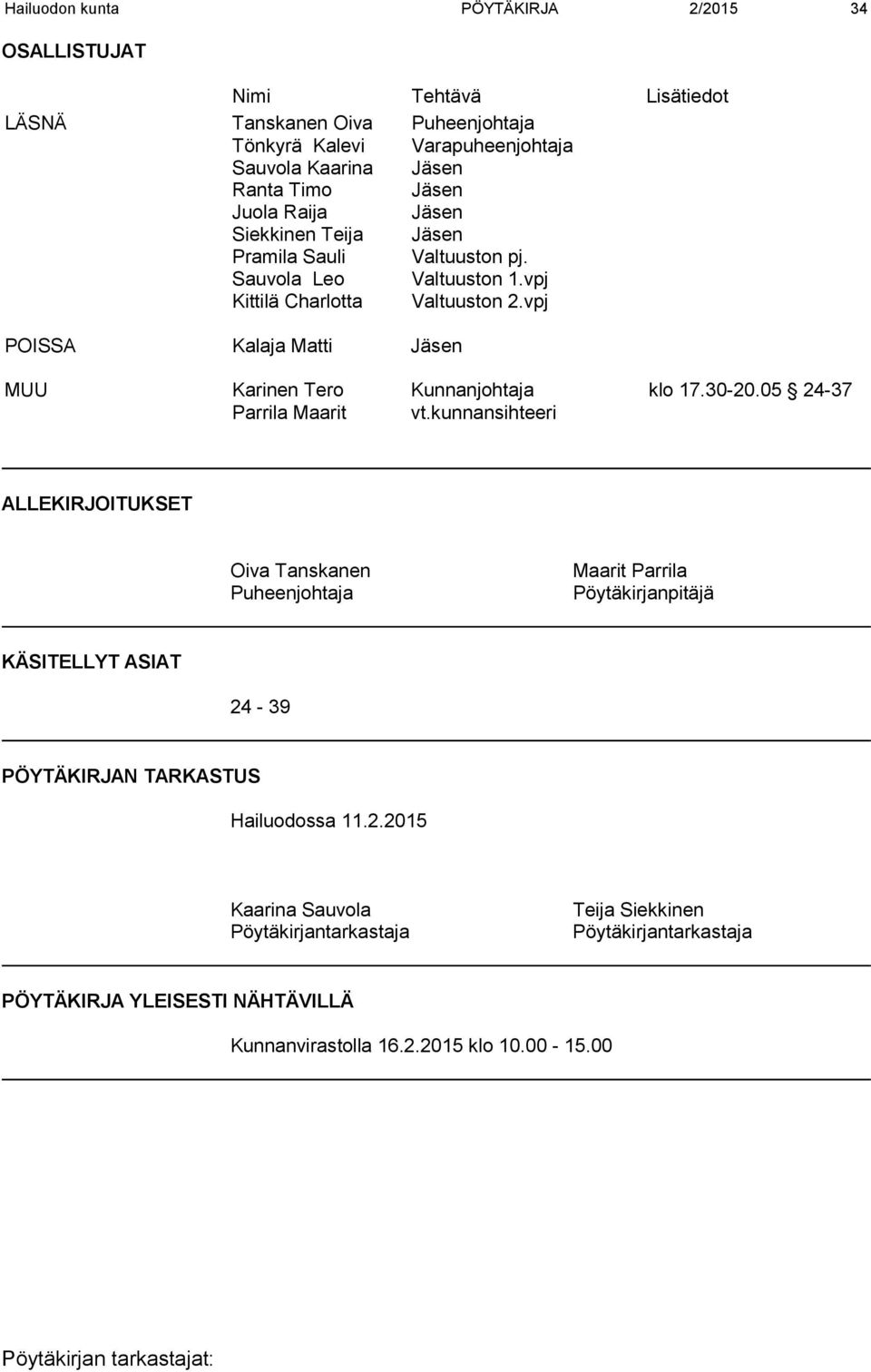 vpj POISSA Kalaja Matti Jäsen MUU Karinen Tero Kunnanjohtaja klo 17.30-20.05 24-37 Parrila Maarit vt.