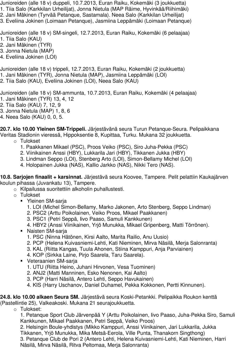 2013, Euran Raiku, Kokemäki (6 pelaajaa) 1. Tiia Salo (KAU) 2. Jani Mäkinen (TYR) 3. Jonna Nietula (MAP) 4. Eveliina Jokinen (LOI) Junioreiden (alle 18 v) trippeli, 12.7.