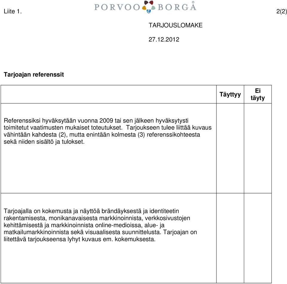 toteutukset. Tarjoukseen tulee liittää kuvaus vähintään kahdesta (2), mutta enintään kolmesta (3) referenssikohteesta sekä niiden sisältö ja tulokset.