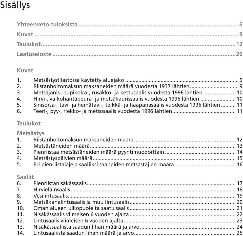 Sinisorsa-, tavi- ja heinätavi-, telkkä- ja haapanasaalis vuodesta 1996 lähtien... 11 6. Teeri-, pyy-, riekko- ja metsosaalis vuodesta 1996 lähtien... 11 Taulukot Metsästys 1.