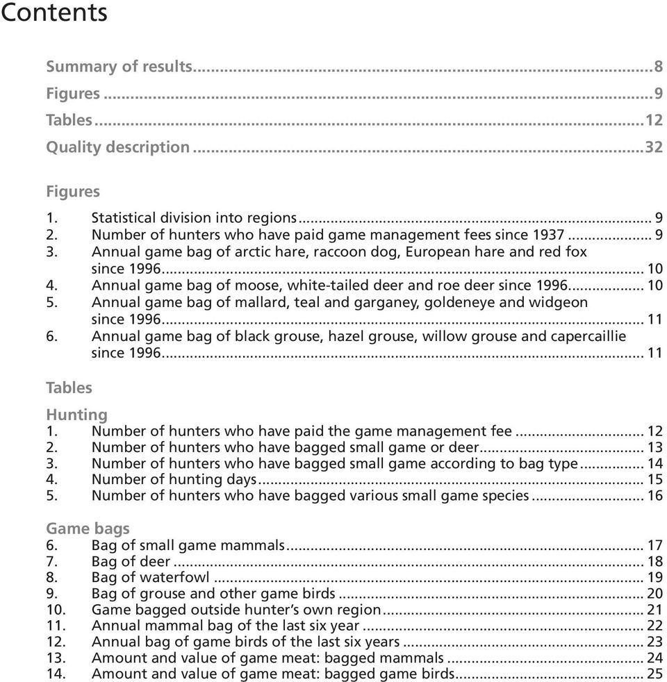Annual game bag of mallard, teal and garganey, goldeneye and widgeon since 1996... 11 6. Annual game bag of black grouse, hazel grouse, willow grouse and capercaillie since 1996... 11 Tables Hunting 1.