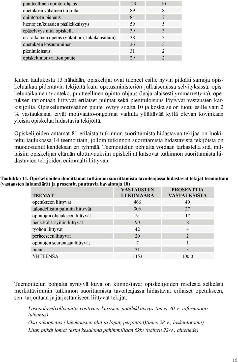 pidentäviä tekijöitä kuin opetusministeriön julkaisemissa selvityksissä: opiskelunaikainen työnteko, puutteellinen opinto-ohjaus (laaja-alaisesti ymmärrettynä), opetuksen tarjontaan liittyvät