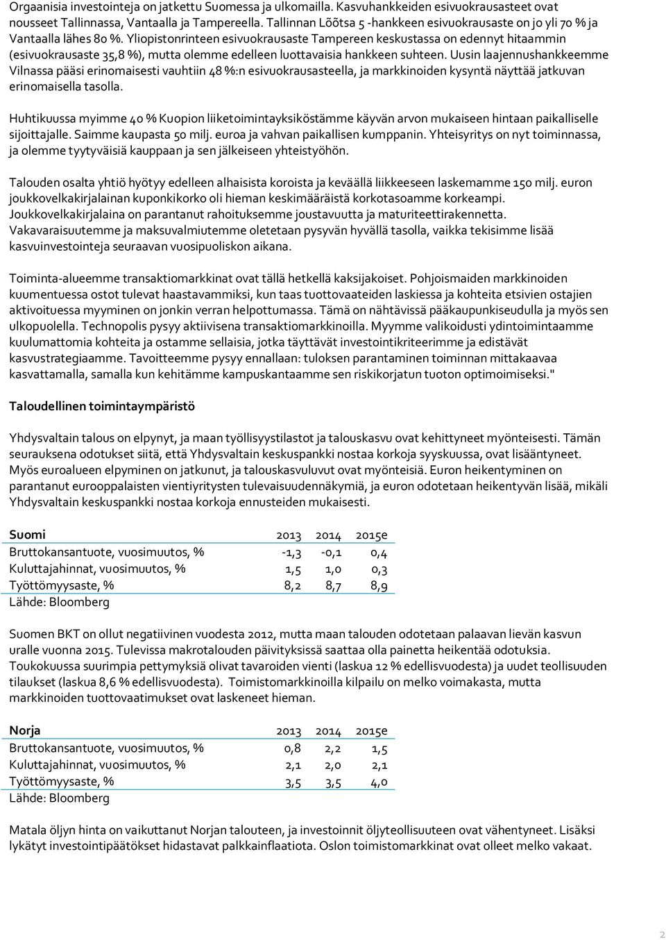 Yliopistonrinteen esivuokrausaste Tampereen keskustassa on edennyt hitaammin (esivuokrausaste 35,8 %), mutta olemme edelleen luottavaisia hankkeen suhteen.