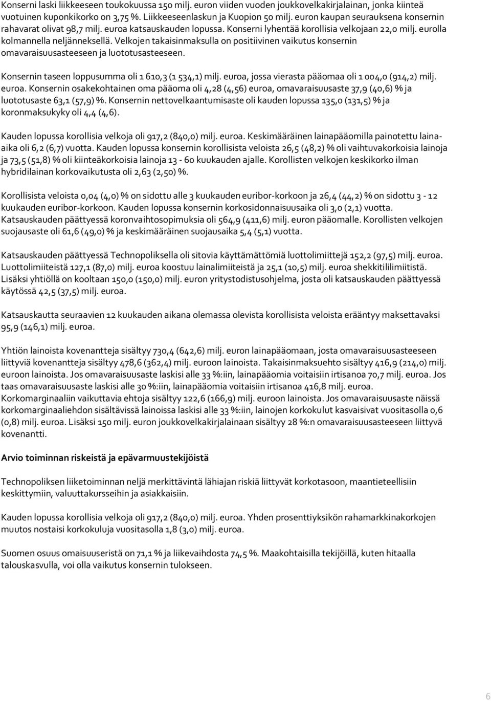 Velkojen takaisinmaksulla on positiivinen vaikutus konsernin omavaraisuusasteeseen ja luototusasteeseen. Konsernin taseen loppusumma oli 1 610,3 (1 534,1) milj.